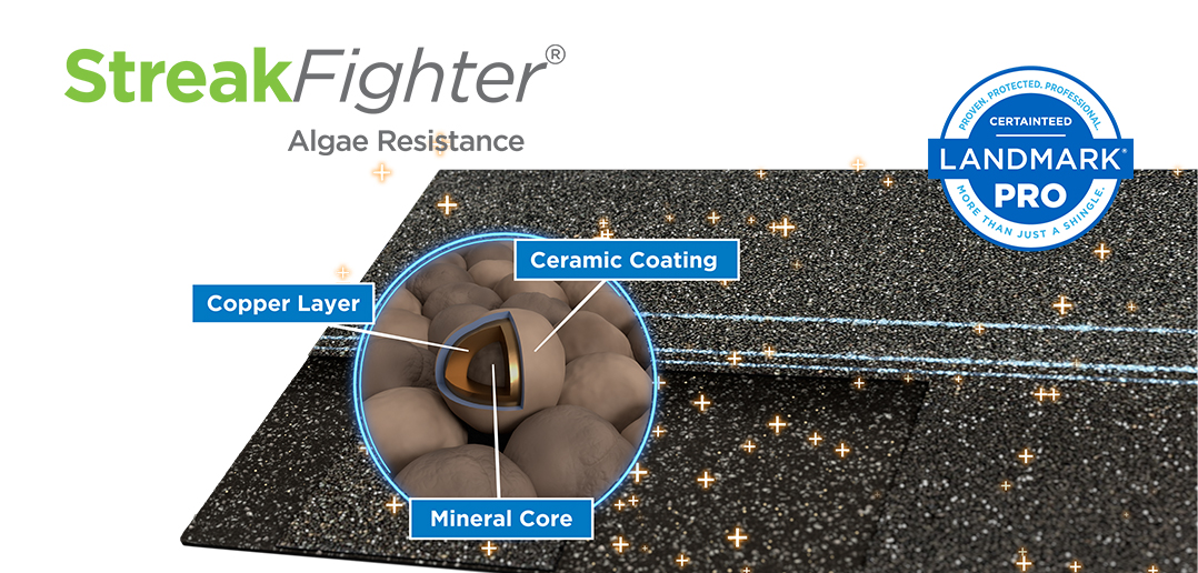 StreakFighter Algae Resistance - Certainteed Landmark Pro - More than just a shingle - Copper Layer Ceramic Coating Mineral Core